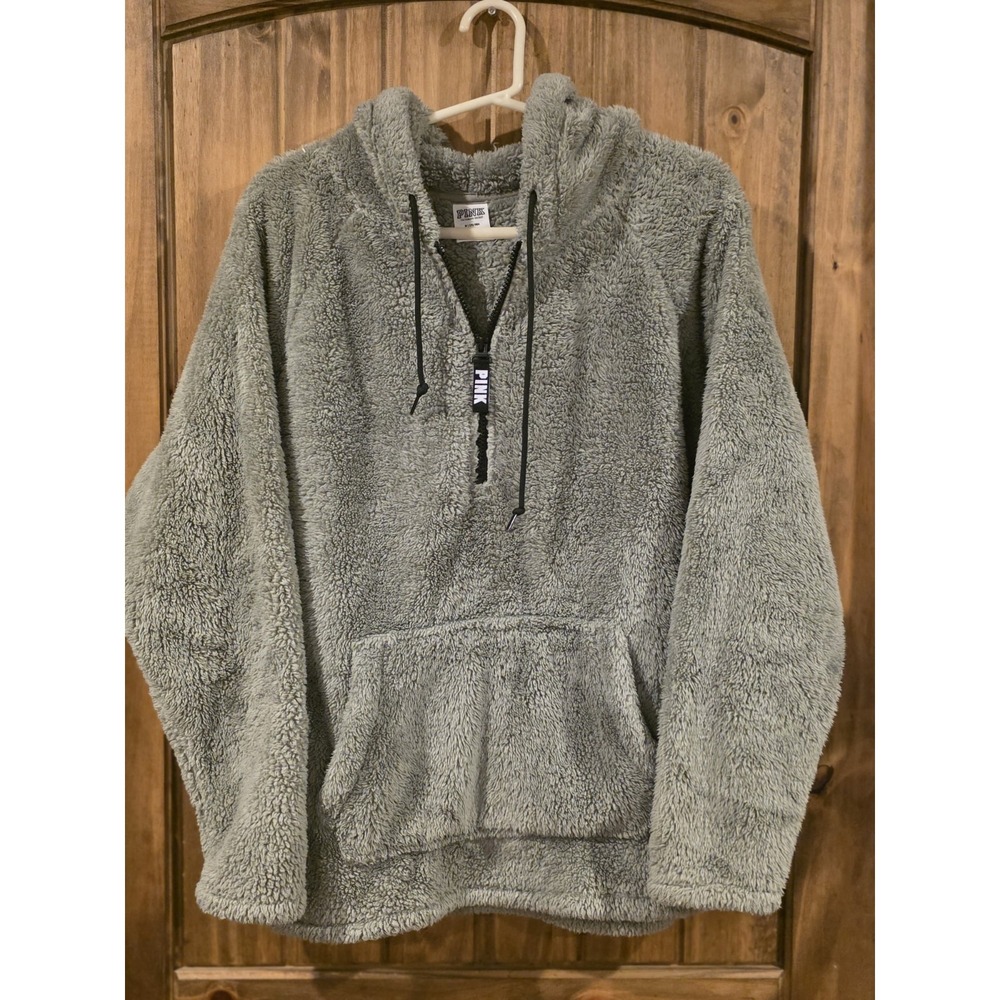 PINK Victoria's Secret Hooded Quarter Zip Pocket Furry Hoodie Coat Green Medium